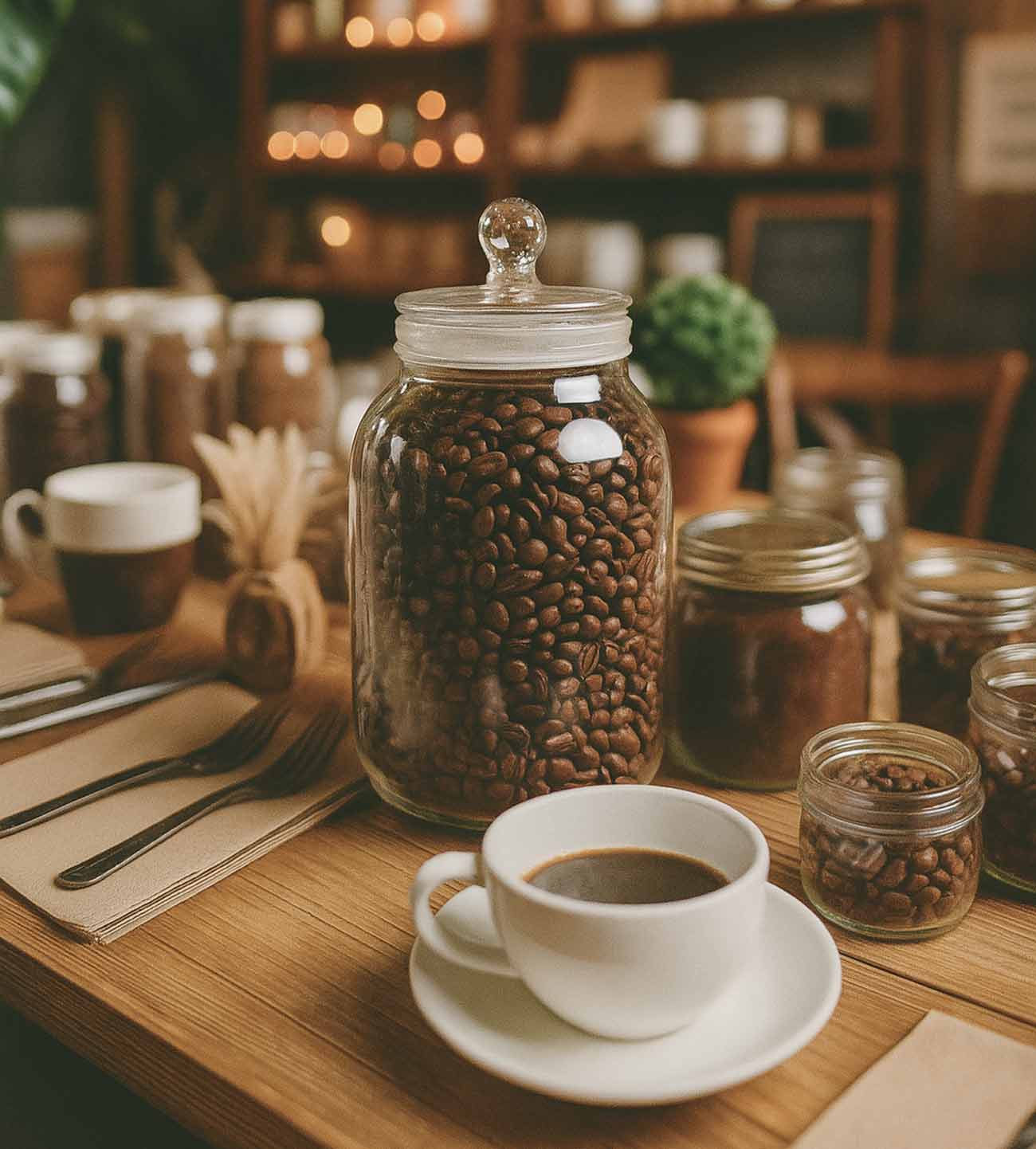 Love Is Brewing bridal shower game: jar of coffee beans for guests to guess the number of beans