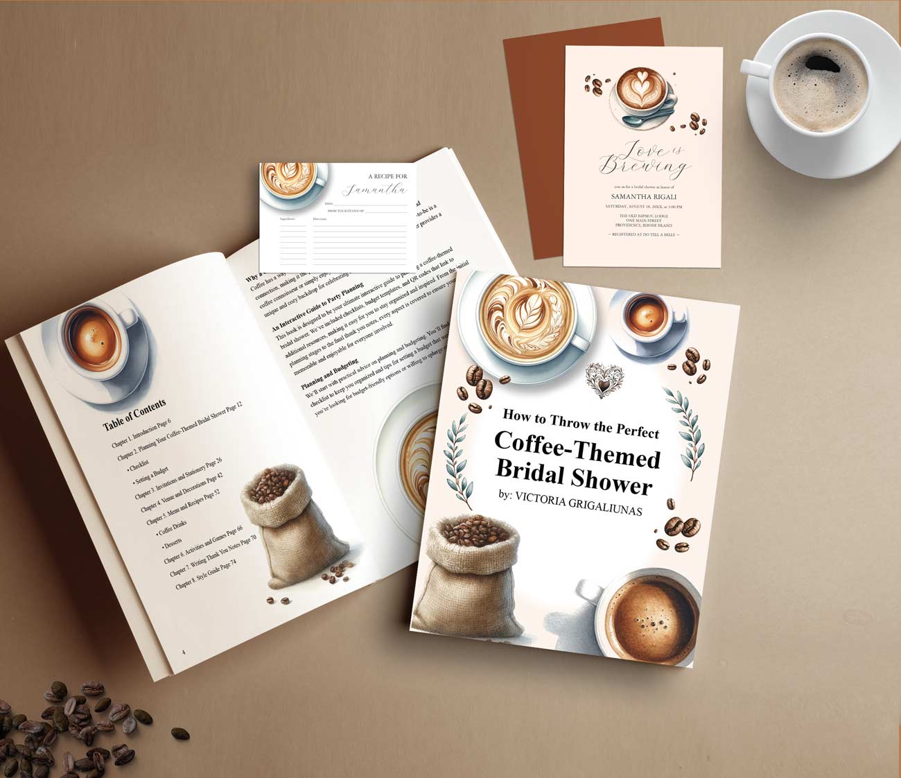 Coffee bridal shower theme ideas features a how to throw the perfect bridal shower book, invitations and stationery. Click to shop the book on Amazon for a Love is brewing celebration