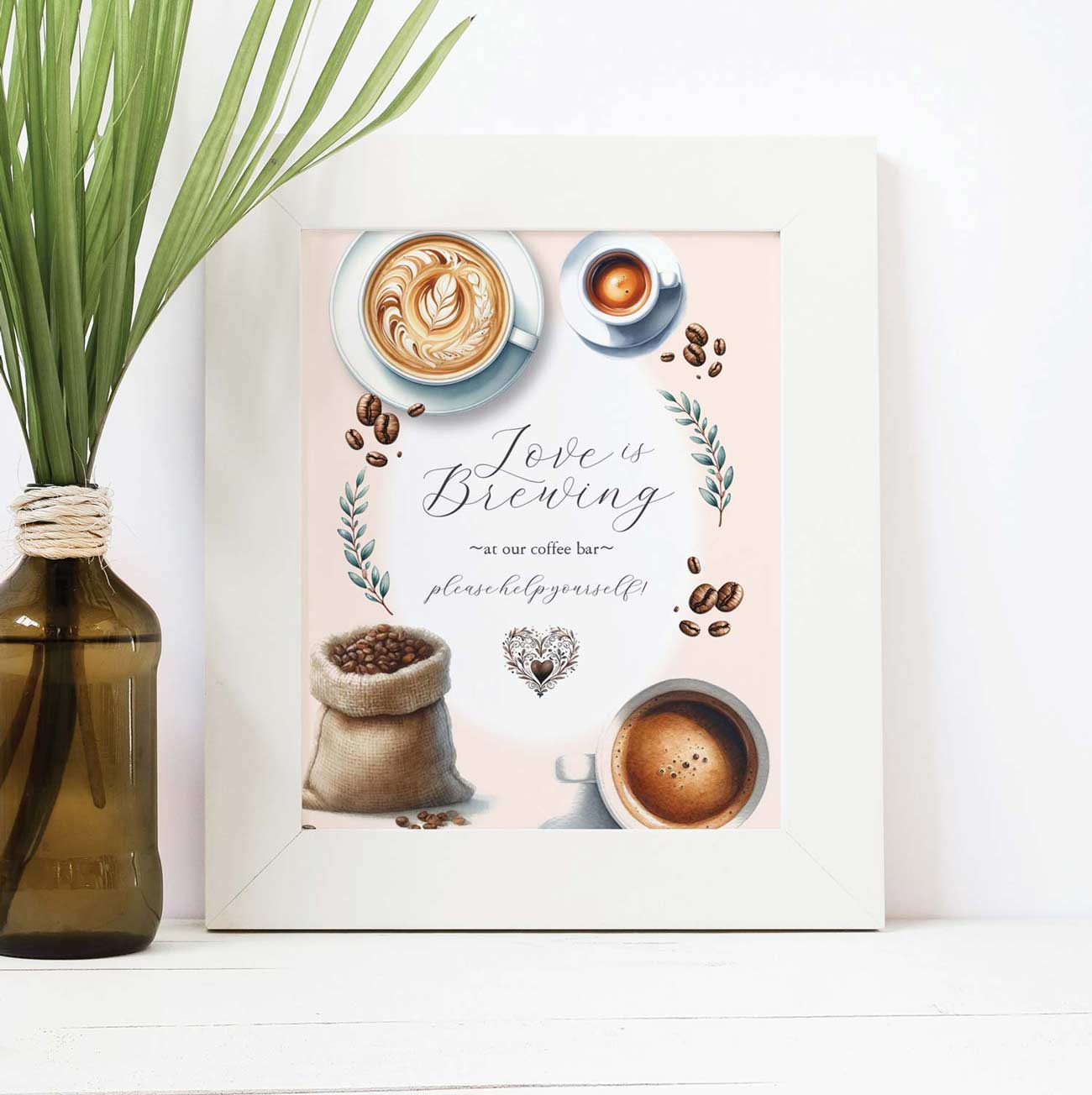 Love Is Brewing bridal shower sign surrounded by coffee-inspired décor