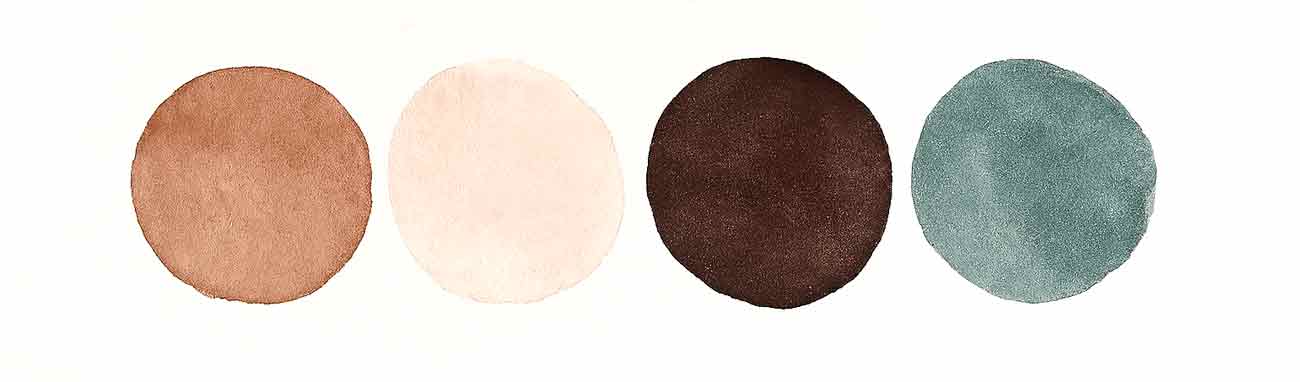 Watercolor color palette featuring four swatches—latte brown, blush pink, espresso brown, and muted teal—under the heading ‘Blush, brown, and teal: Perfect colors for a coffee bridal shower