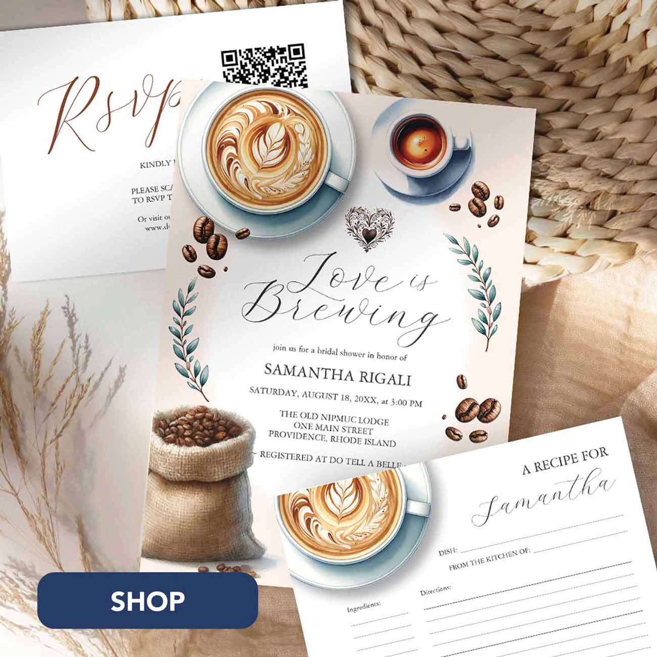Close-up of watercolor coffee mug bridal shower invitation for a Love Is Brewing theme