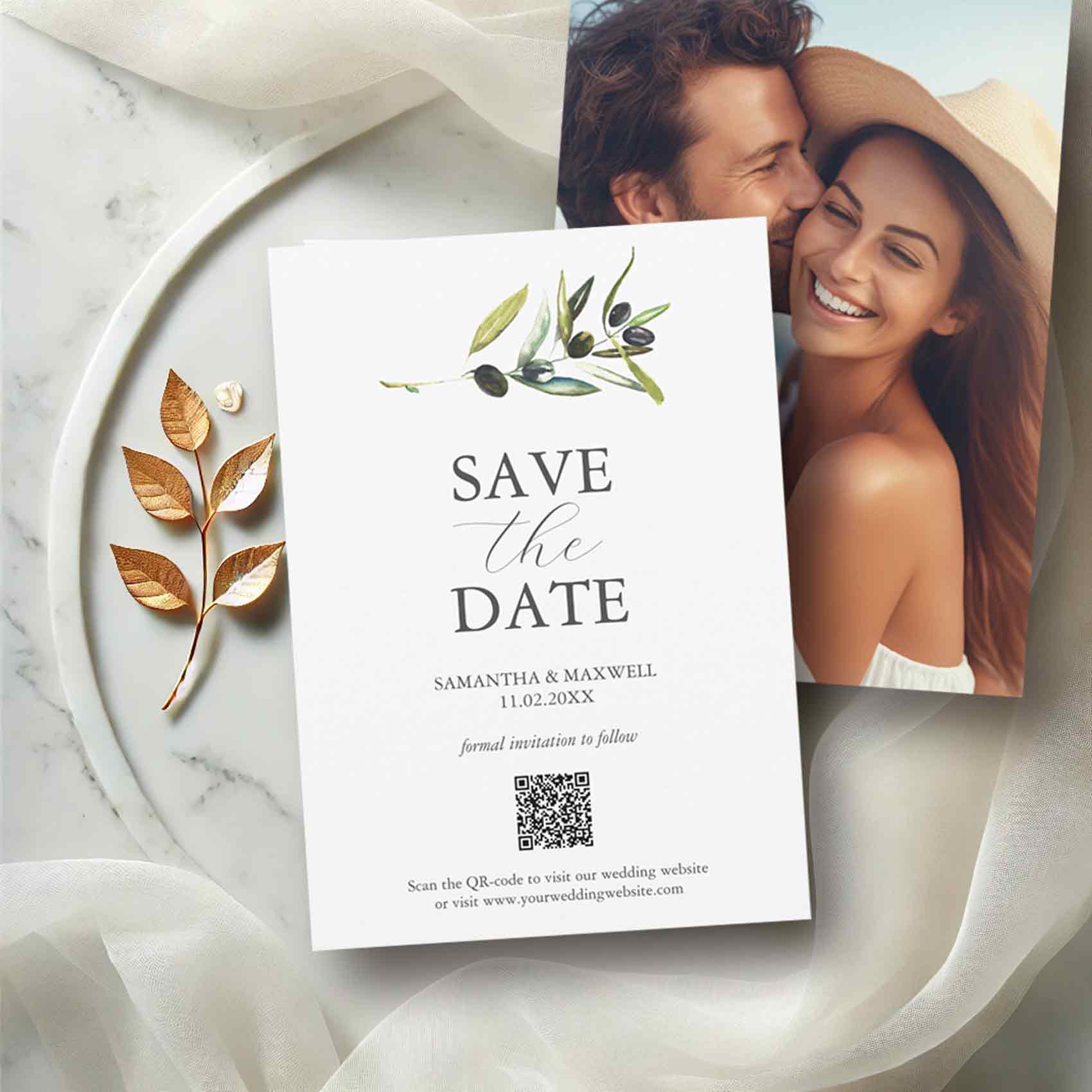 Photo save the date with QR code featuring original hand-painted watercolor olive branch artwork.