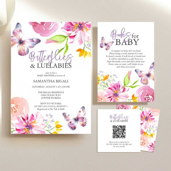 purple butterfly baby shower invitations with pink, peach and orange watercolor florals.