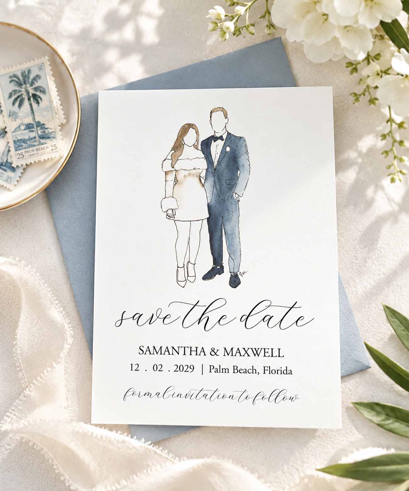 Watercolor illustration couple portrait save the date featuring hand-painted artwork and elegant personalized wedding details.