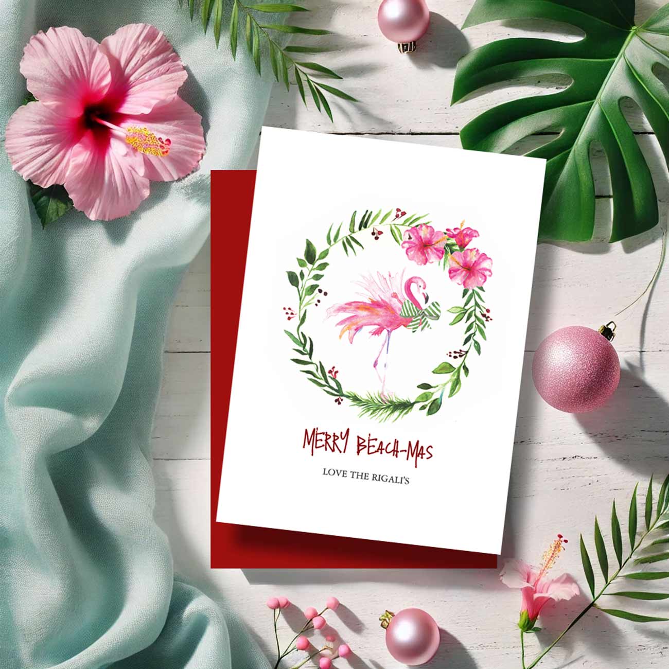 Christmas in July 2025 xmas cards featuring a watercolor pink flamingo. Click the button below to explore more.