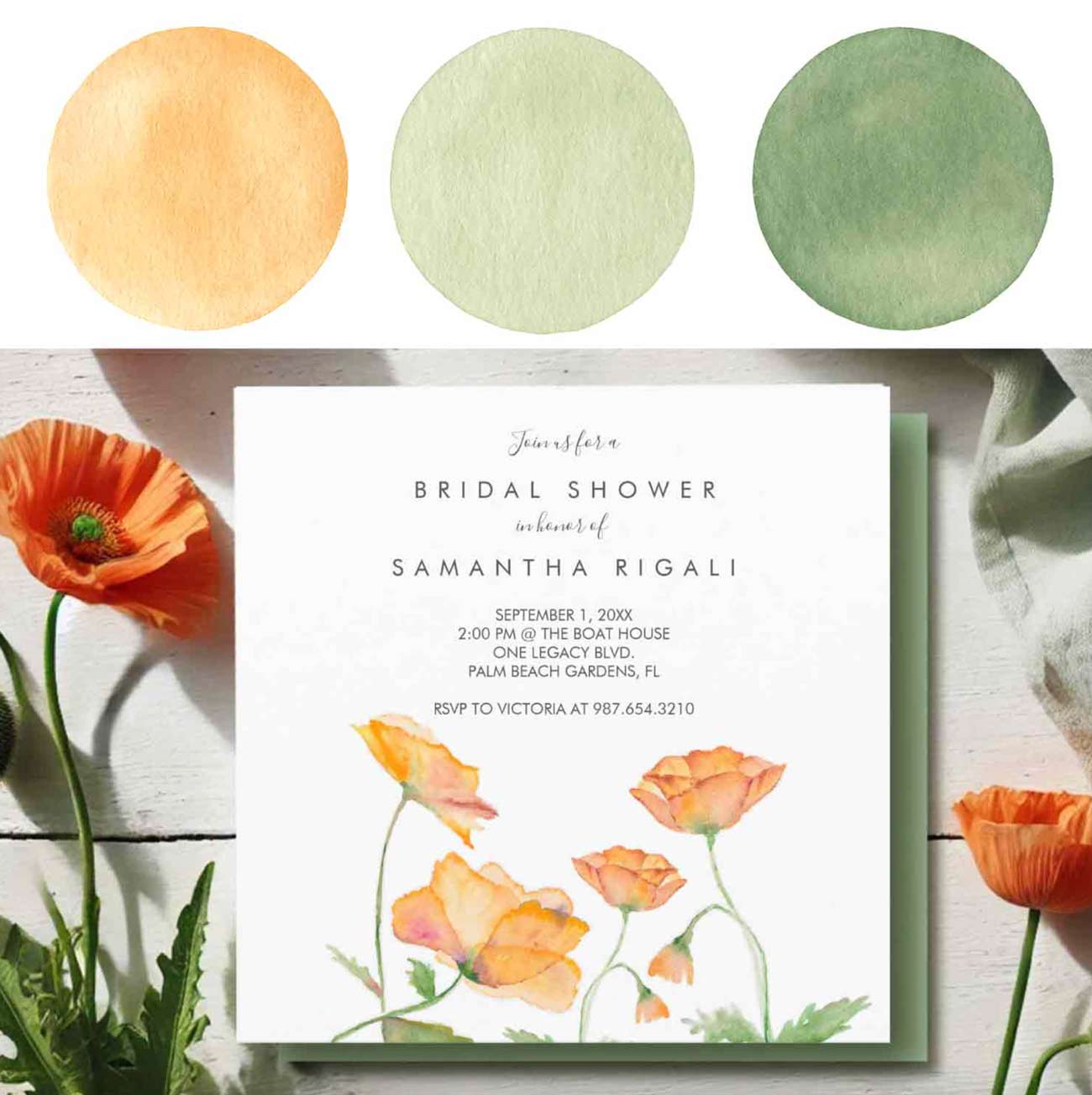 Bridal shower themes for spring 2026 image shows a orange and green color palette and a flat lay of a bridal shower invitation with watercolor poppies by Victoria Grigaliunas of Do Tell A Belle a woman owned small business in Palm Beach Gardens, Florida