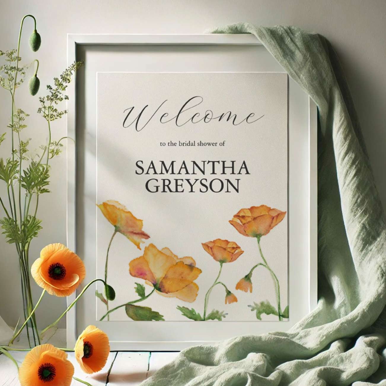 Floral bridal shower decor is designed with hand painted orange poppies by Victoria Grigaliunas Florida watercolor artist.