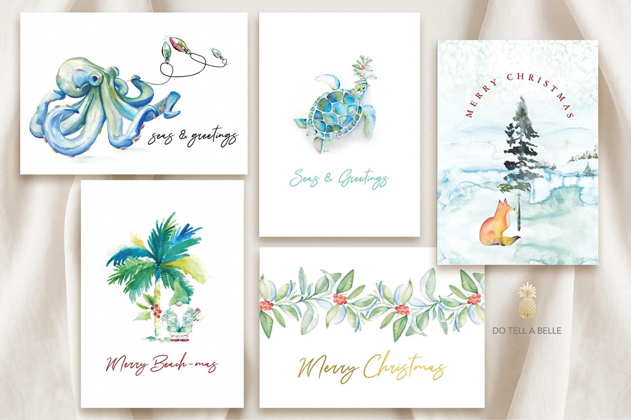 Watercolor Christmas cards feature, beach, coastal and winter scenery designs by Victoria of Do Tell A Belle