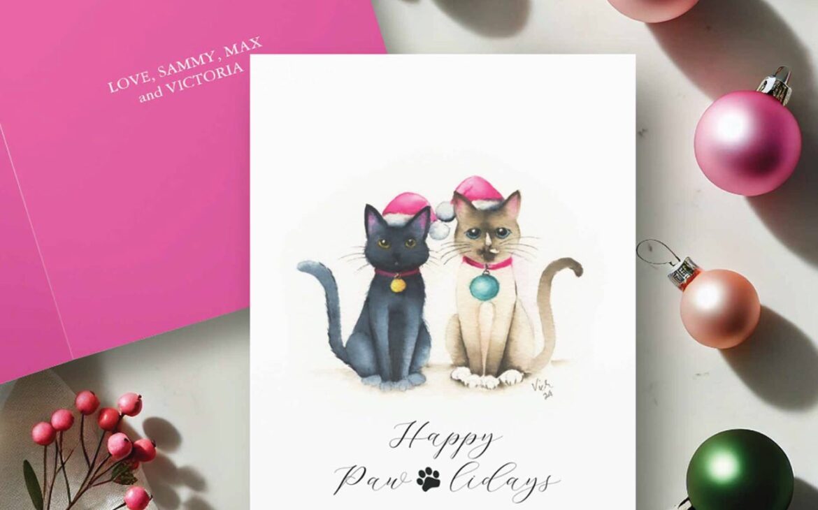 Cat Christmas cards watercolor black cat and siamese cat by Victoria Grigaliunas