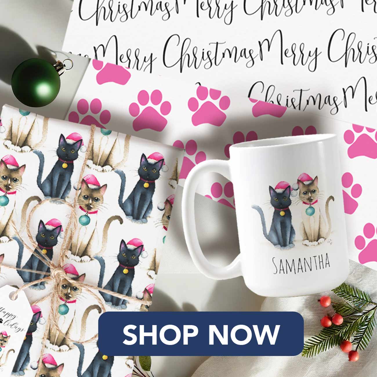 Cat lover presents features gift wrapping sets Christmas themed. Click to shop.
