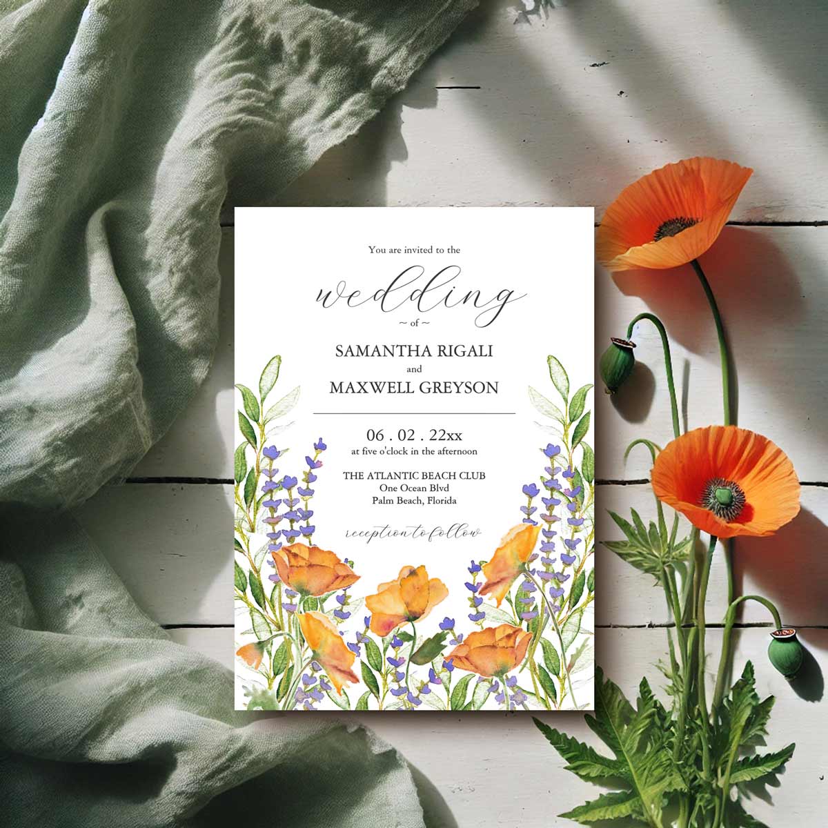 watercolor wedding invitations with hand painted lavender and poppy flowers, elegant poppy wedding invitations with botanical floral design