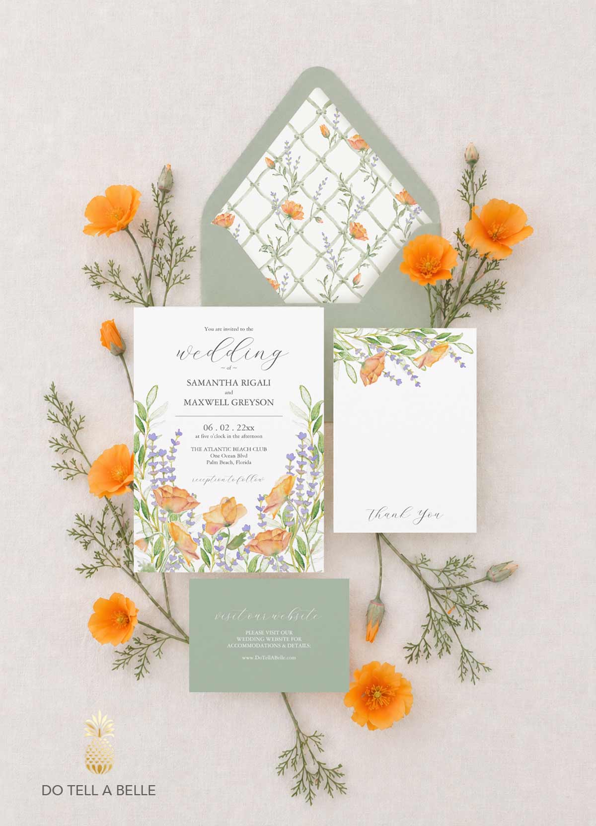 watercolor wedding invitations featuring California poppy flowers and lavender, elegant wedding stationery suite with sage green envelopes and semi custom design