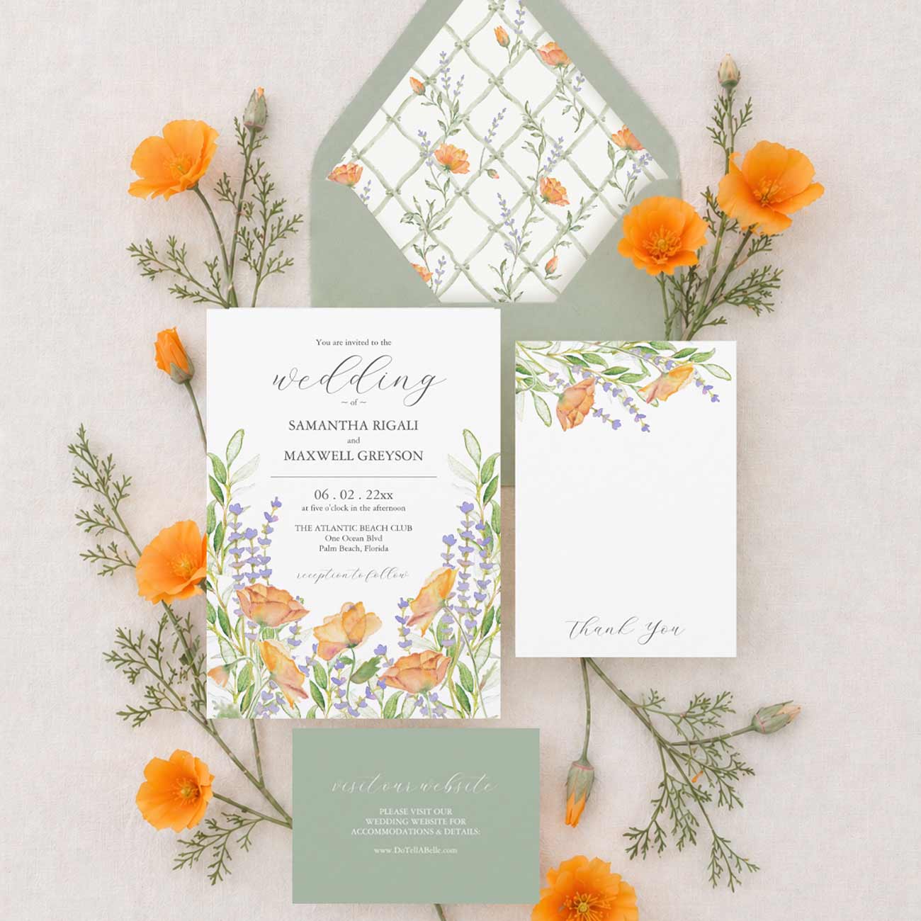 wildflower wedding invitations with watercolor poppy flowers and lavender, custom wedding stationery suite with venue illustration