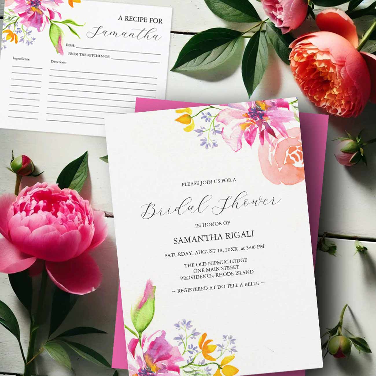 Garden bridal shower themes feature watercolor pink flowers art by Victoria Grigaliunas of Do Tell A Belle. Explore more!