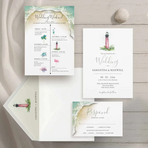 beach wedding invitation photos feature watercolor lighthouse and shoreline art by Victoria Grigaliunas tap the image to shop.