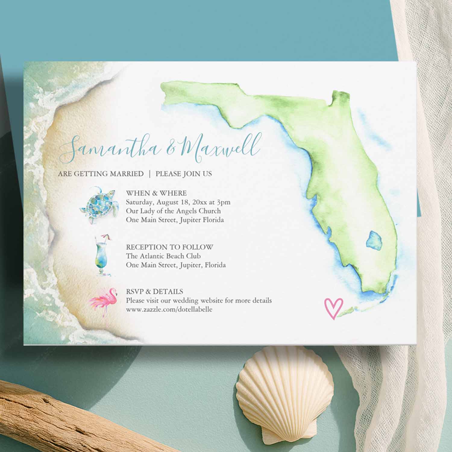 Weddings on the beach invitations deisgned with a hand painted watercolor map for Florida wedding places by artist Victoria Grigaliunas of Do Tell A Belle. Tap to shop this invitation.