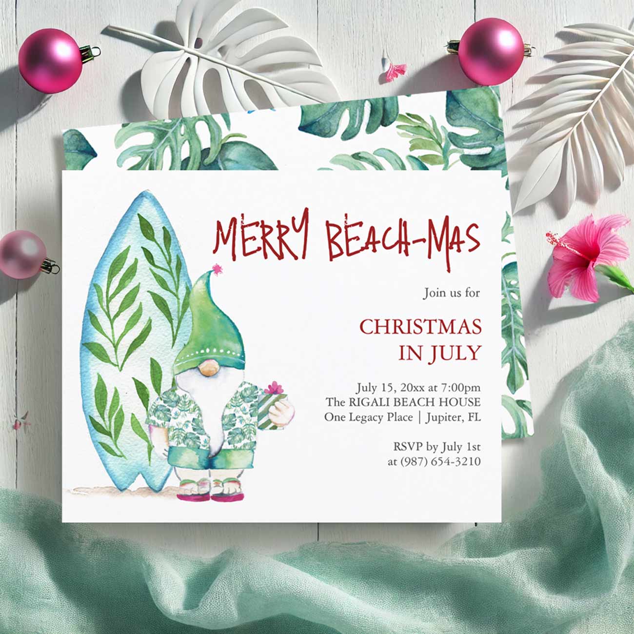 Christmas in July flyers templates features watercolor surfboard and beach Santa Clause in a tropical shirt. Click the button to shop.
