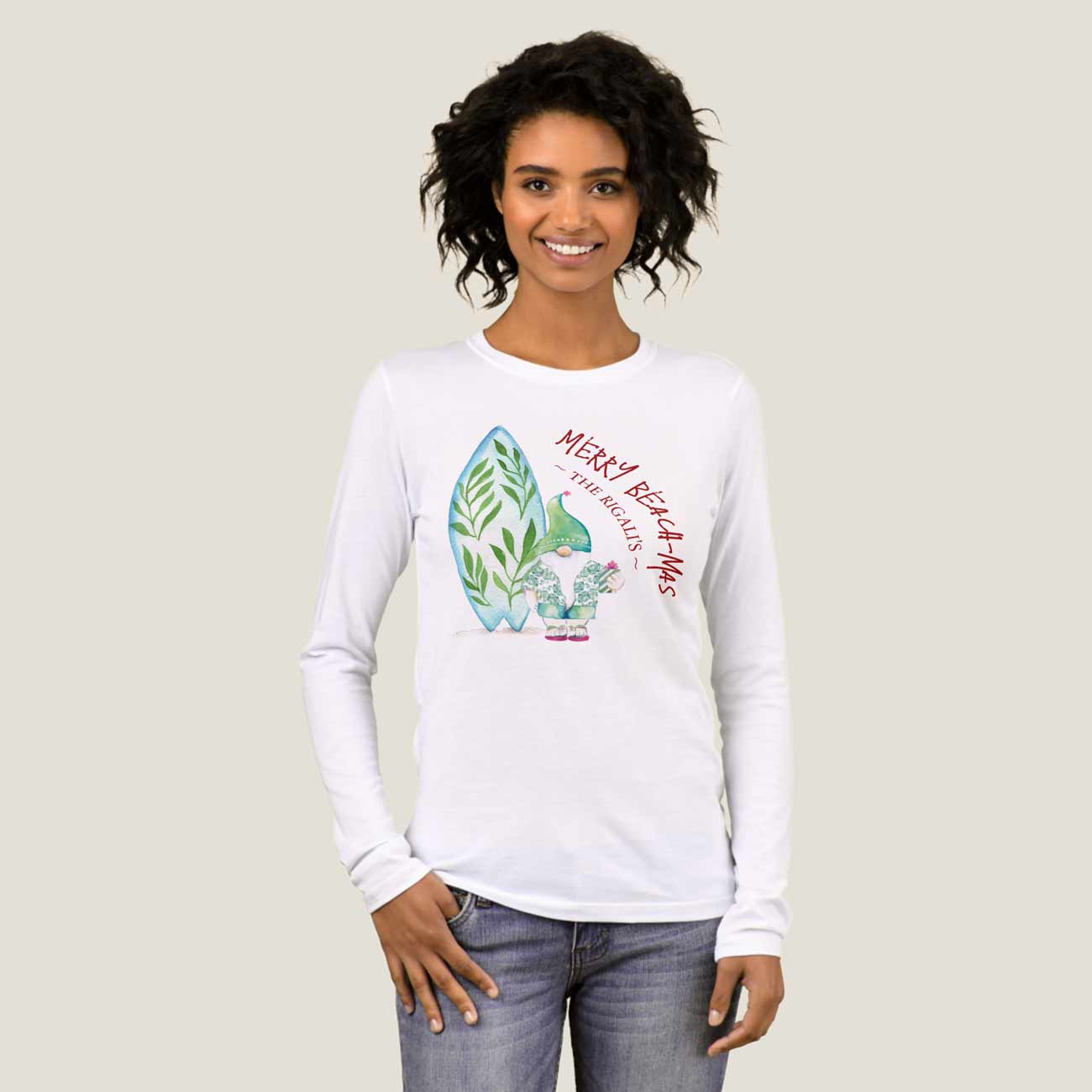 Christmas in July shirts features a charming beach Santa Clause and surfboard art by watercolor artist Victoria Grigaliunas of Do Tell A Belle.