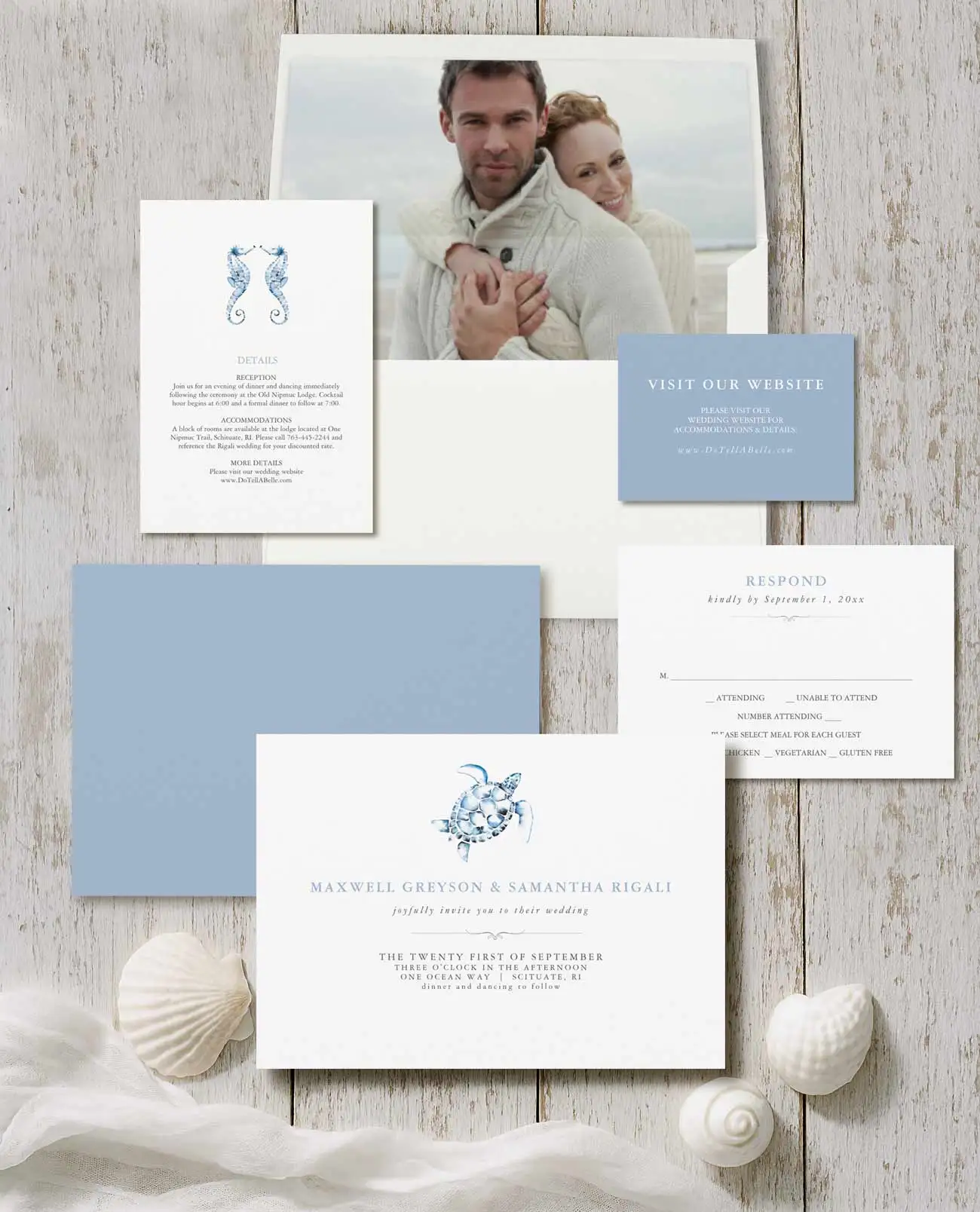 Beach wedding invitation suites features invite, rsvp card, details card and enclosure card with a watercolor sea turtle and seahorse design by Victoria Grigaliunas of Do Tell A Belle. Tap the button below to shop.