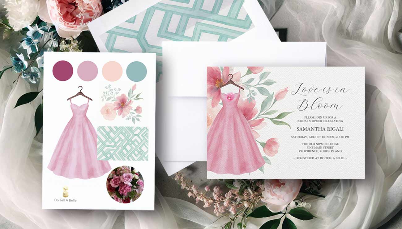Bridal shower themes pink and sage blue floral and dress. Shop the suite