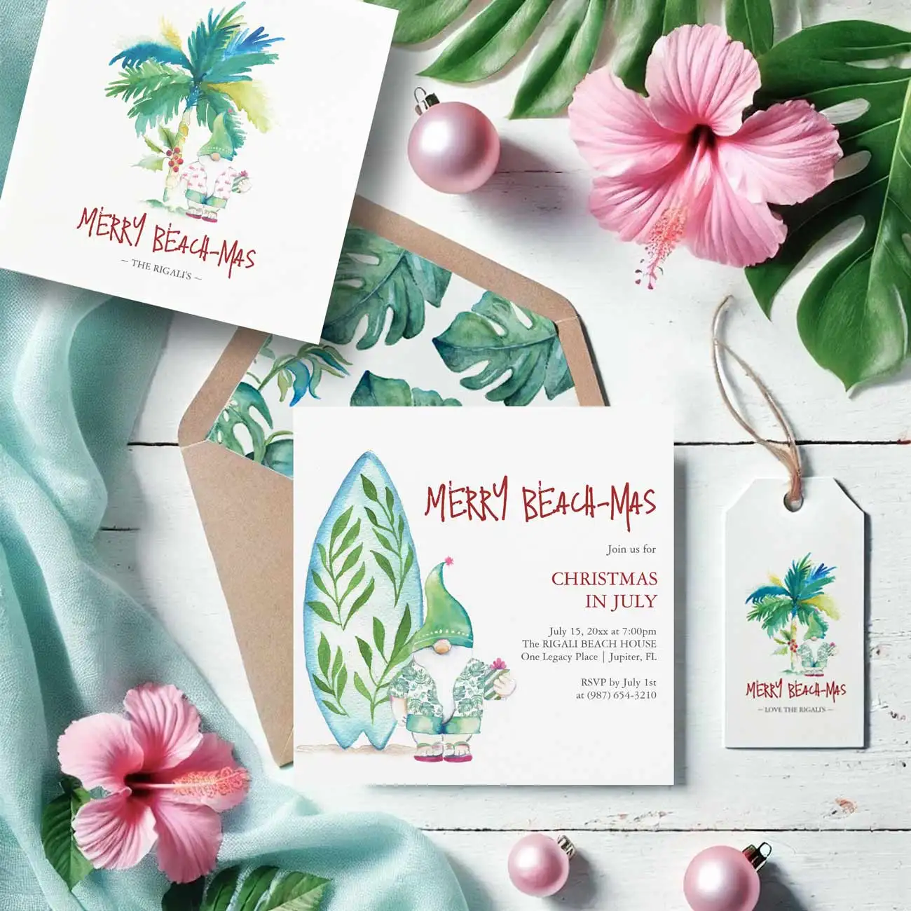 Christmas in July flyers templates features watercolor surfboard and beach Santa Clause in a tropical shirt. Click the button to shop.