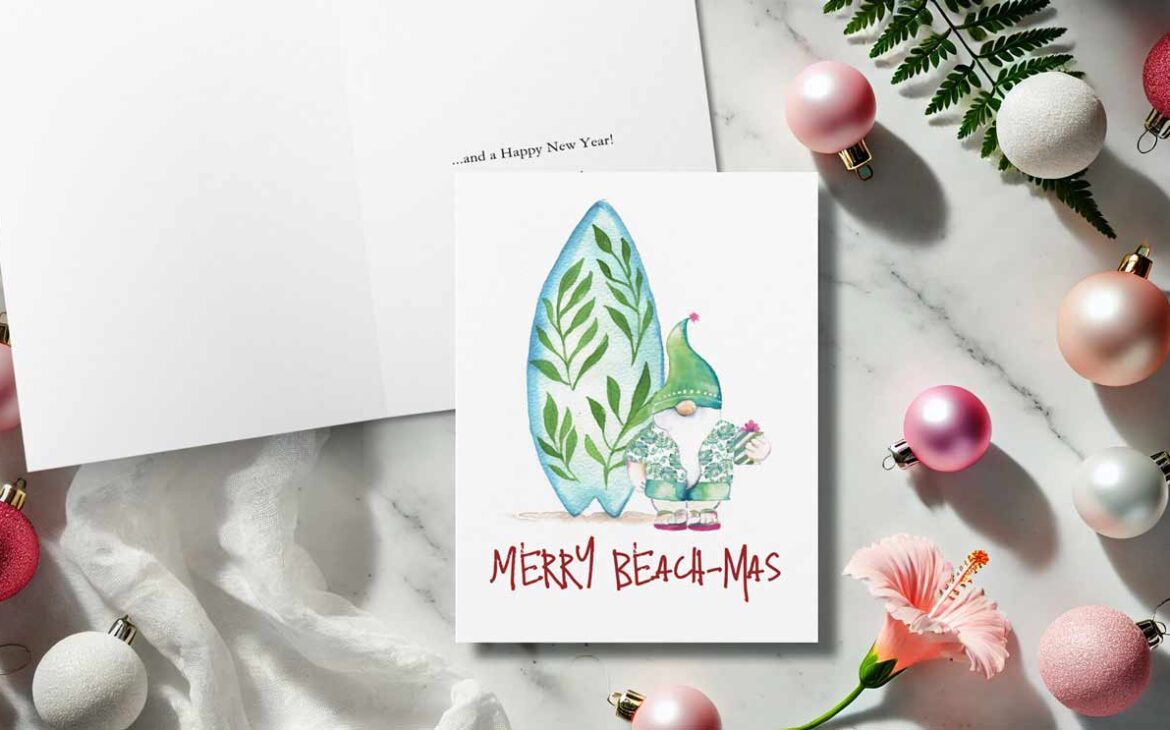Greeting card for Christmas is designed with hand painted watercolor Santa Clause and Surfboard art by Victoria Grigaliunas of Do Tell A Belle. Tap the button below to explore more.