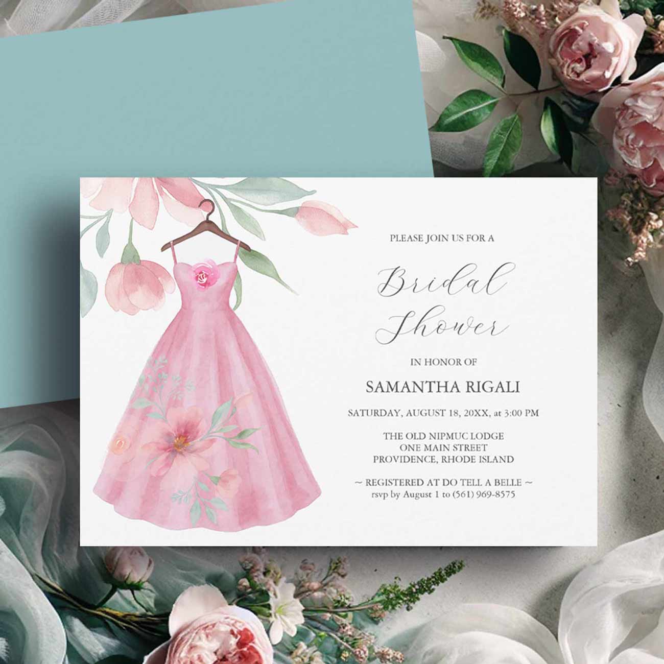 Invitations bridal shower features a watercolor pink dress with pink and sage blue florals. Shop our bridal shower themes at Do Tell A Belle in the Zazzle marketplace.