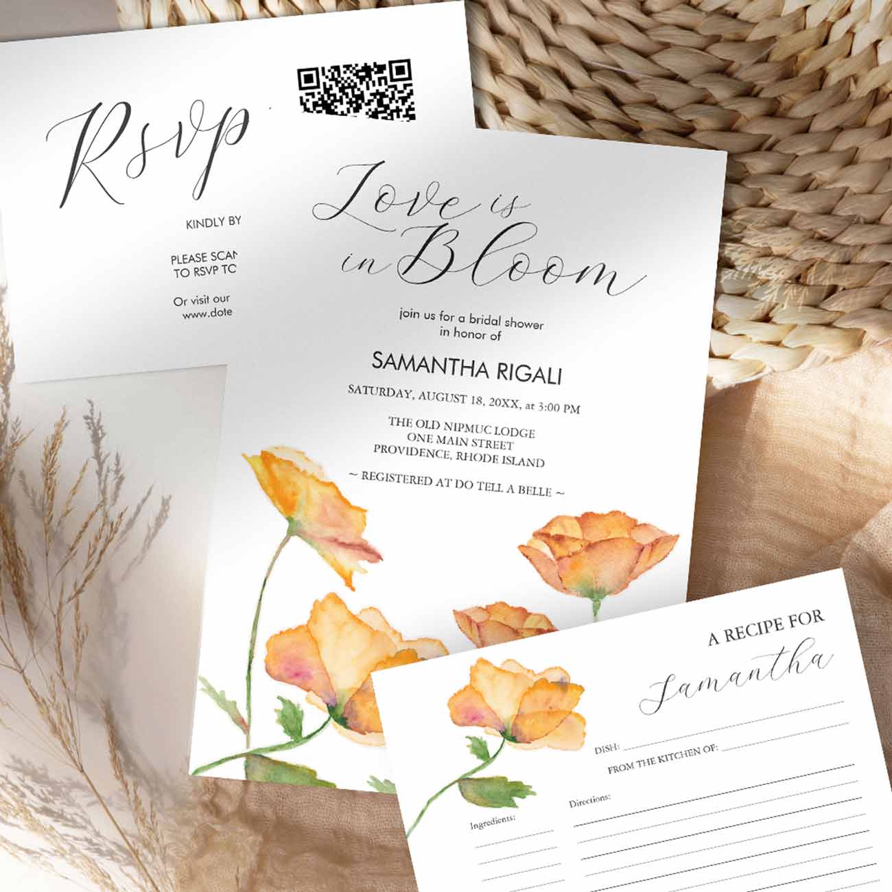 Invitations printing for a bridal shower. Watercolor orange poppy flower theme art by Victoria Grigaliunas. Click to explore this full wedding stationery suite.