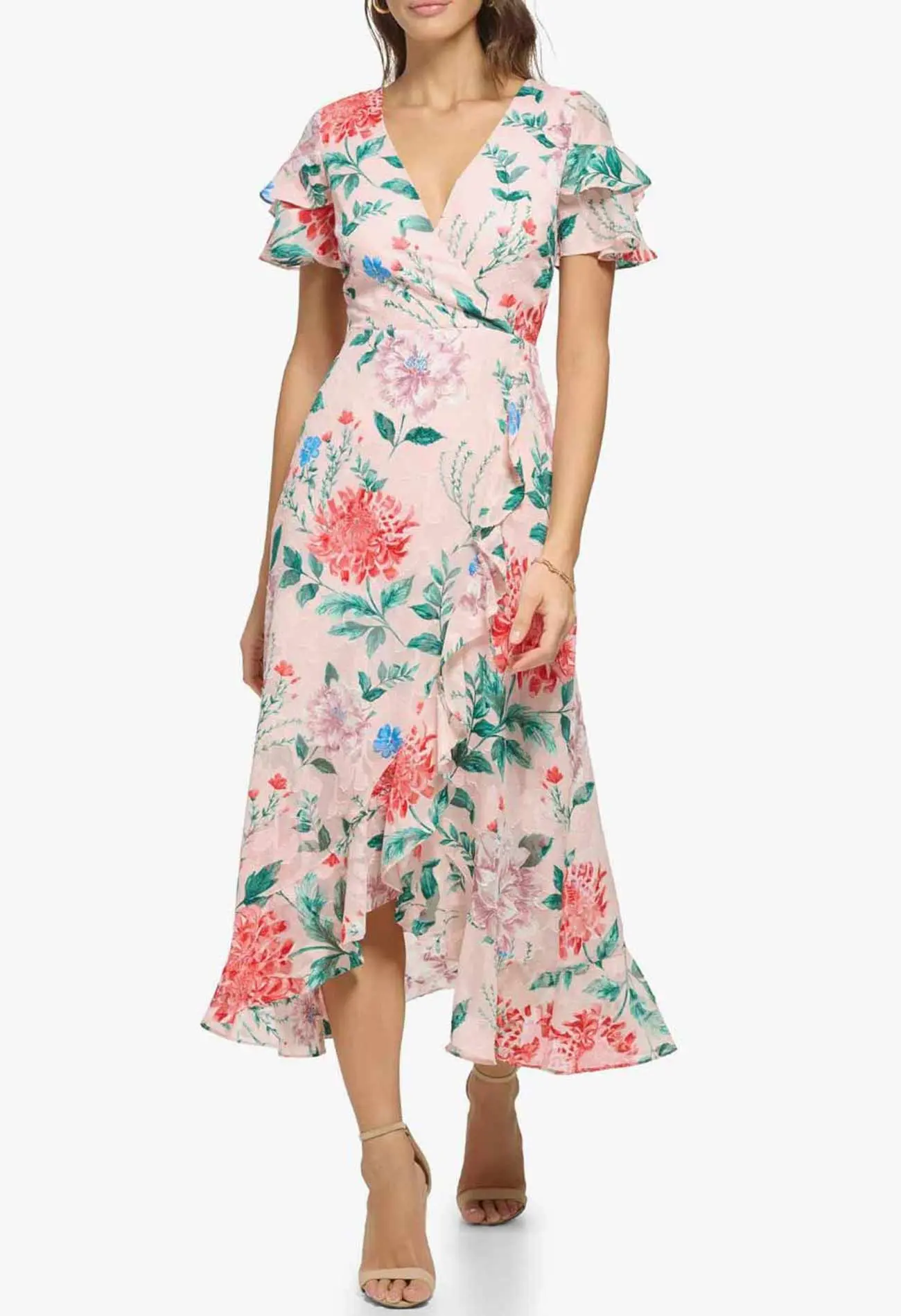 Wedding guest dress for women features a bold pink and blush floral pattern. Shop Amazon.