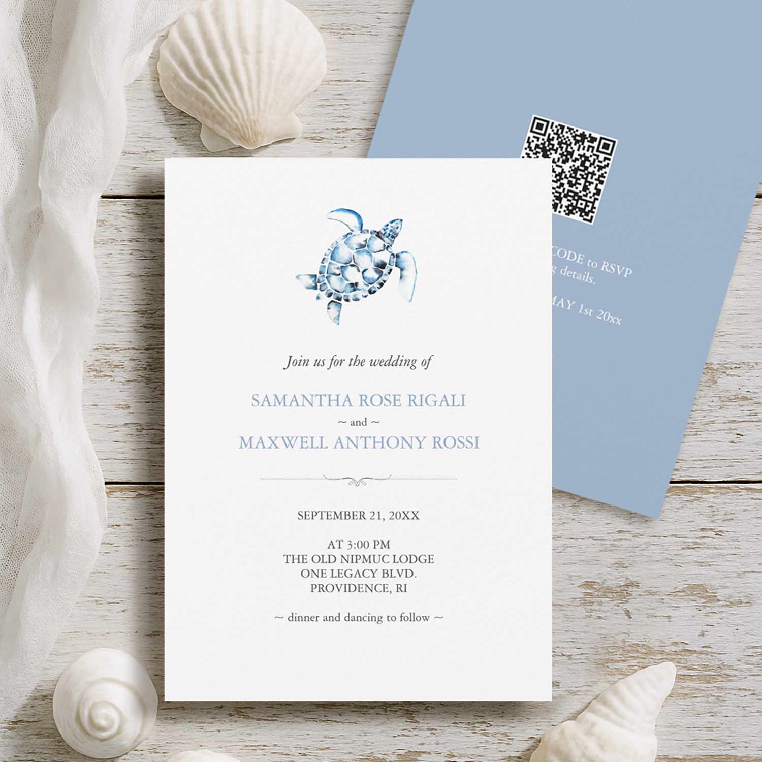 Beach wedding invitations printing features a watercolor sea turtle with digital rsvp qr code. Tap the button below to shop.