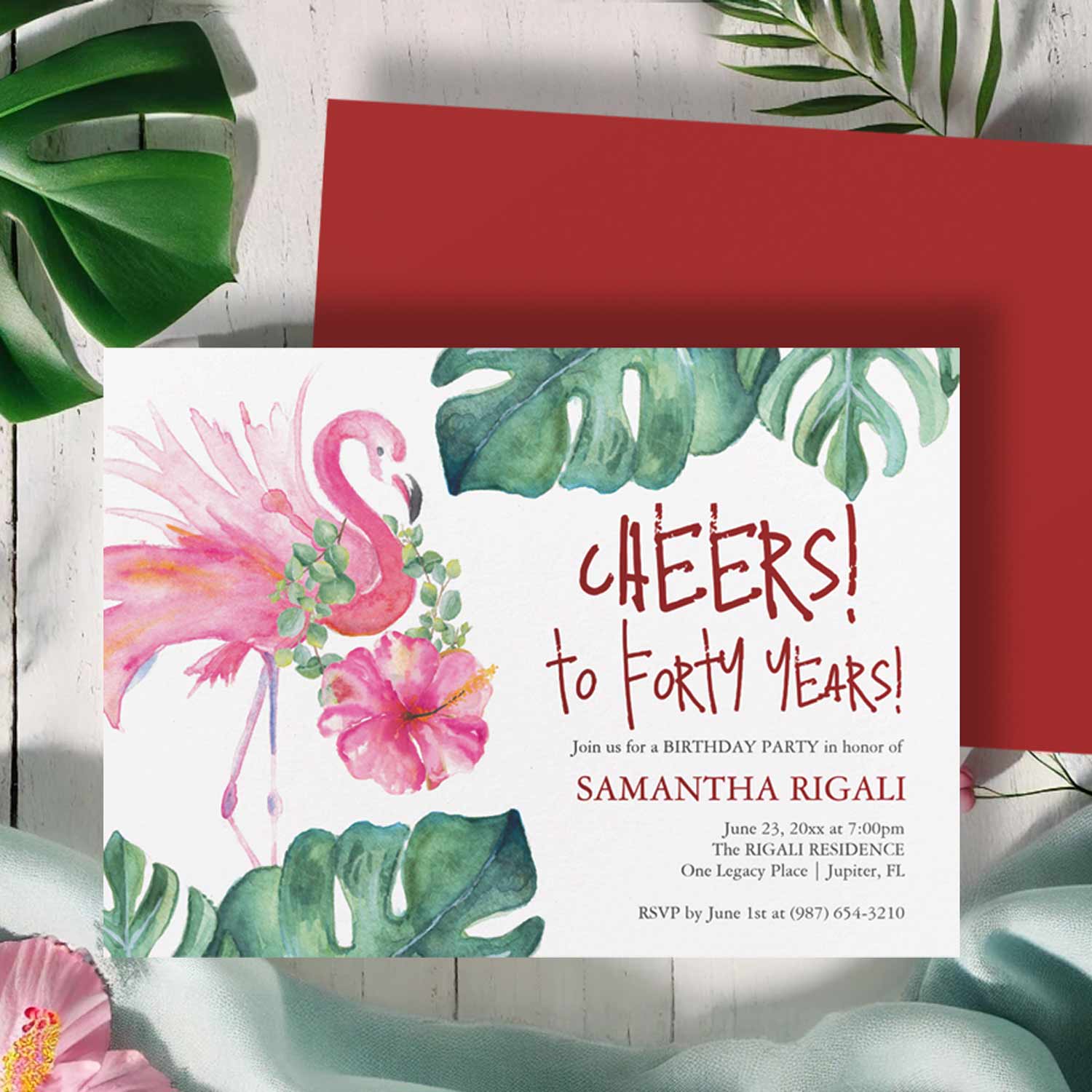 40th birthday invites designed with hand painted watercolor pink flamingo art by Victoria Grigaliunas of Do Tell A Belle. Tap the button to shop.
