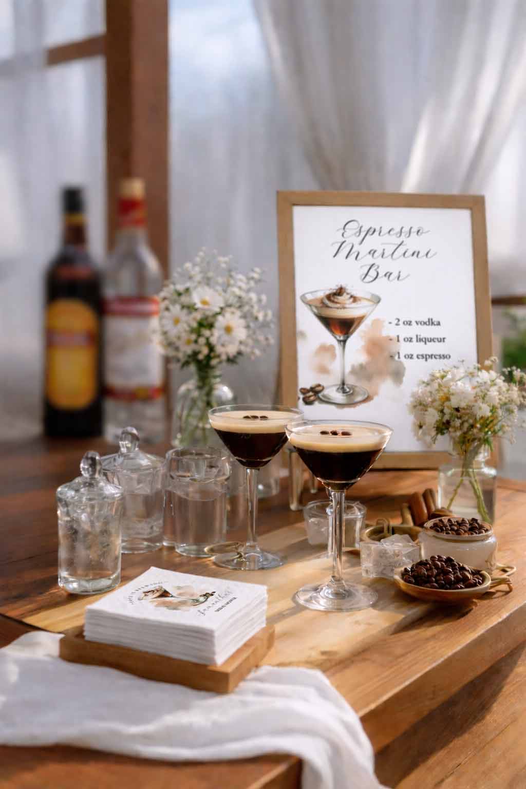 DIY espresso martini bar setup with vodka, coffee liqueur, espresso martinis, signature cocktail sign and personalized espresso martini cocktail napkins with watercolor art on a rustic table with soft curtains and flowers