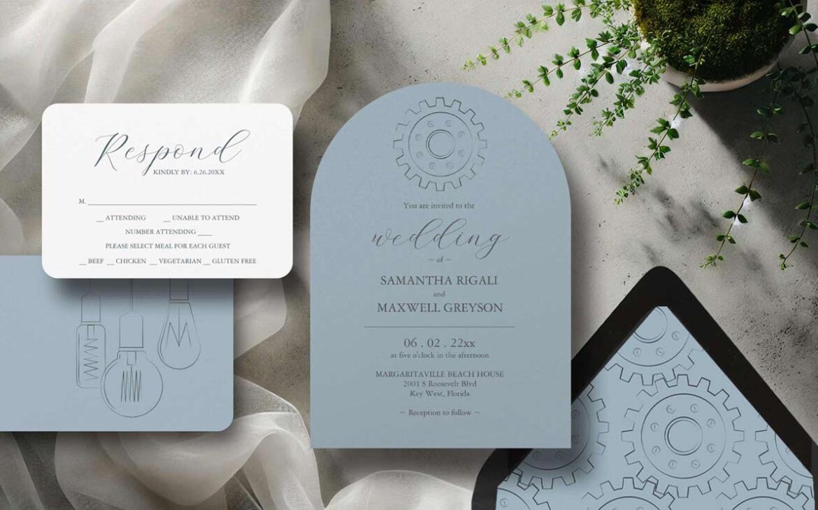wedding invitation suite for industrial chic wedding theme by Victoria Grigaliunas of Do Tell A Belle. Click the button to shop.