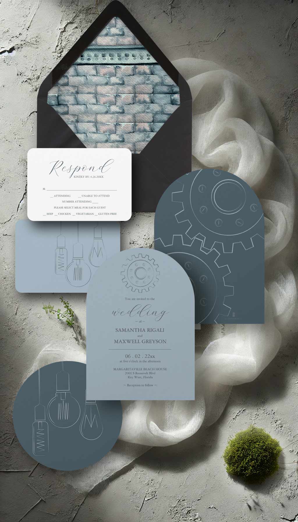 Wedding invitation suite features art and design by Victoria Grigaliunas Palm Beach, Florida Wedding Invitation printer