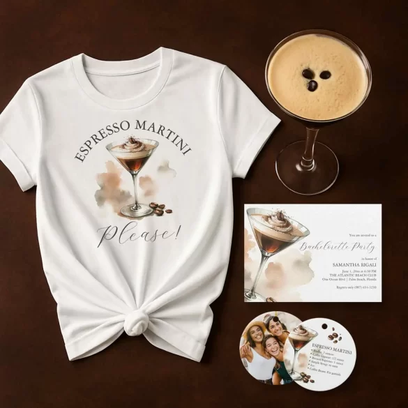 Espresso martini party kit features a women's t shirt, bachelorette party invites and espresso martini ornament. Tap the button below to shop and explore more from this bachelorette party theme.