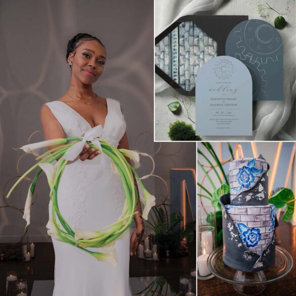 Industrial chic wedding ideas features dress, florals, wedding invitation suite and cake.