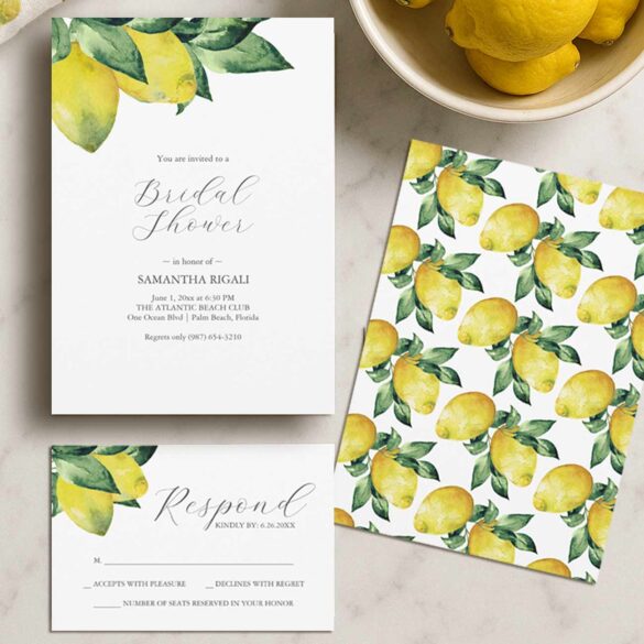 Lemon theme bridal shower stationery is designed with hand painted art by Victoria Grigaliunas, Florida watercolor artist.