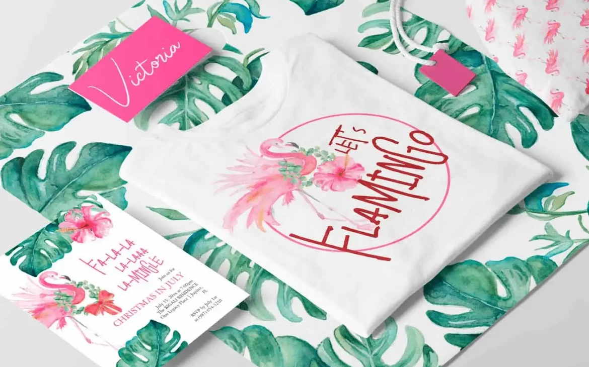 Pink Flamingo Day womens t shirt and Christmas in July flyers template designed with hand painted watercolor art by Victoria Grigaliunas of Do Tell A Belle.
