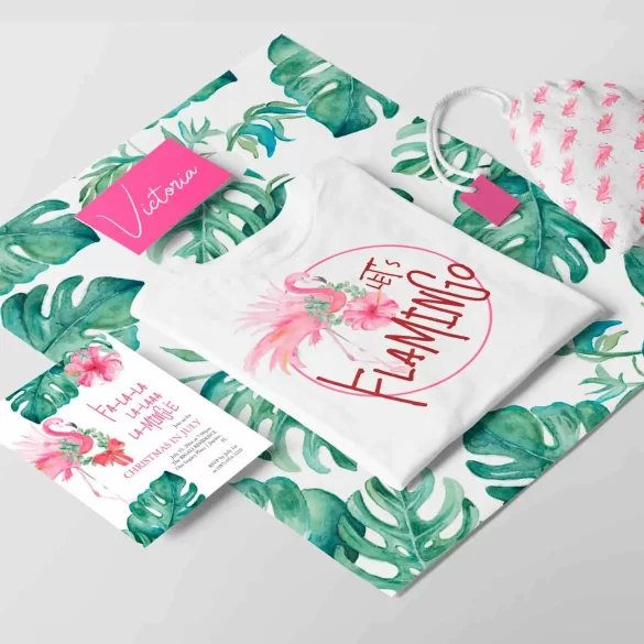 Pink Flamingo Day womens t shirt and Christmas in July flyers template designed with hand painted watercolor art by Victoria Grigaliunas of Do Tell A Belle.