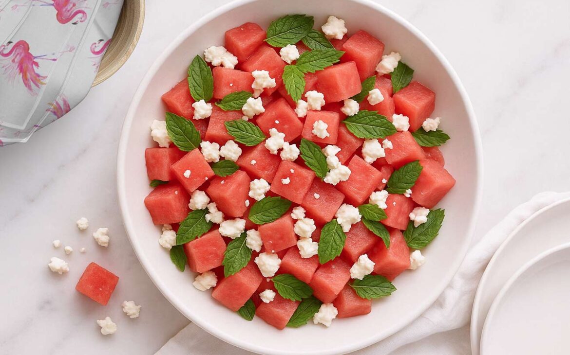 Pink flamingo dinner menu features watermelon salad with crumbled feta cheese.