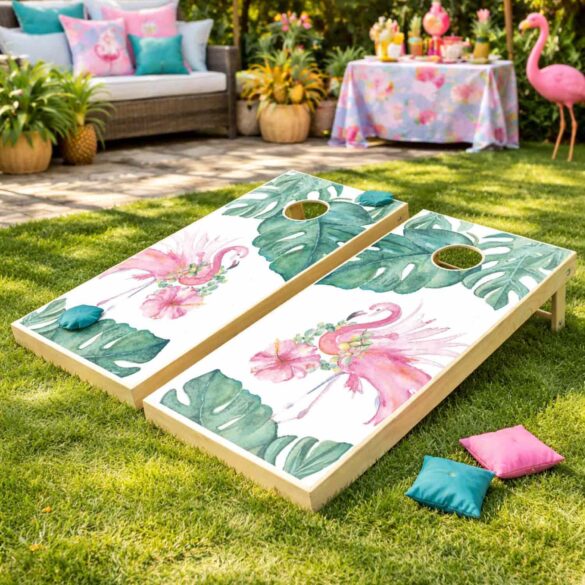 pink flamingo games features a cornhole set designed with watercolor art by Victoria Grigaliunas of Do Tell A Belle.