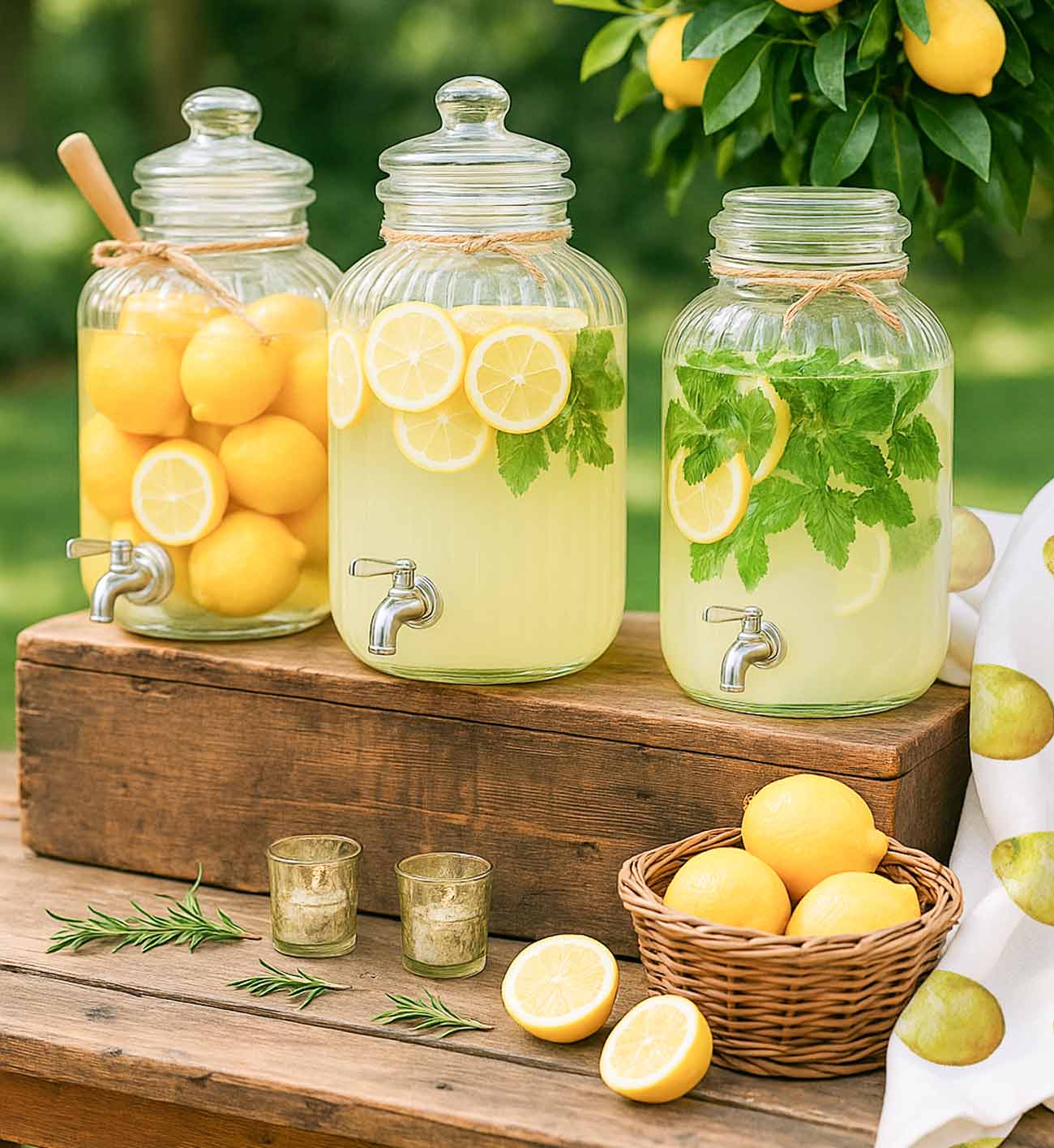 Outdoor drink station featuring glass dispensers with fresh watermelon water, lemonade, and lemon-mint infused water, surrounded by lemons, greenery, and rustic wood decor — perfect for summer bridal shower themes.