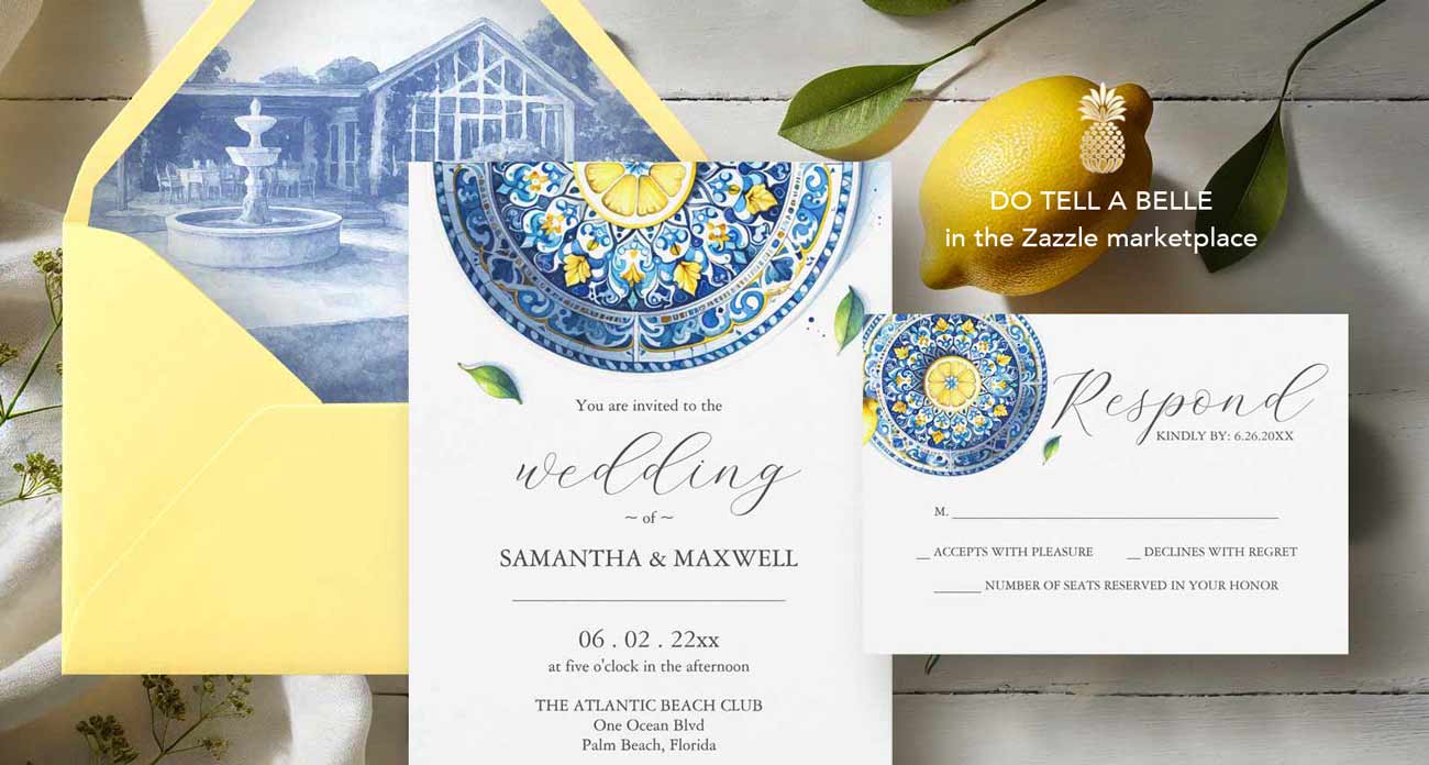A photo or mock-up of your blue and yellow wedding invitations