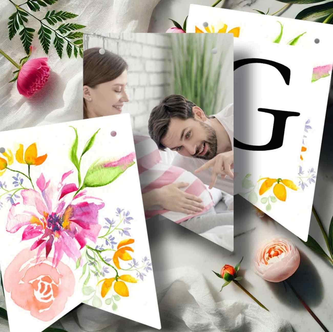 baby in bloom baby shower bunting flags personalized with photos. Click to shop