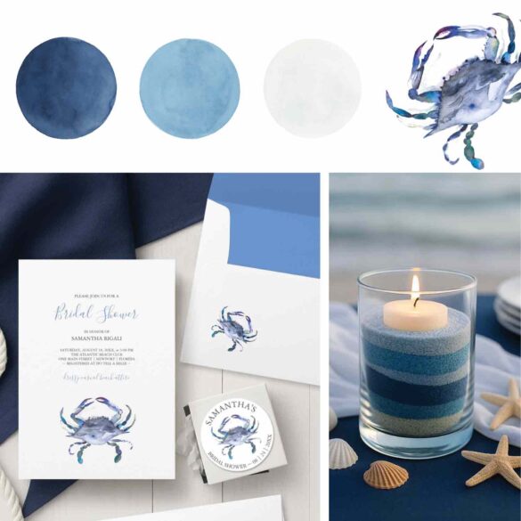 beach wedding shower theme features a color palette, crab bridal shower invitations and centerpiece ideas.