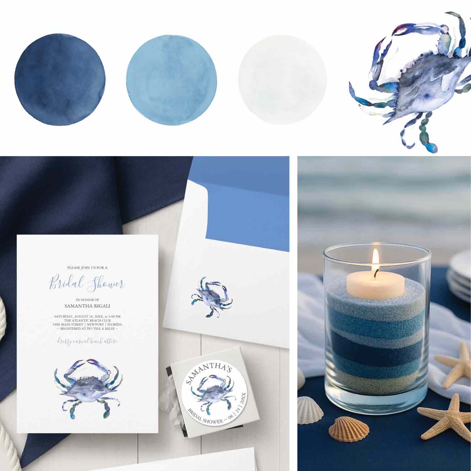 beach wedding shower theme features a color palette, crab bridal shower invitations and centerpiece ideas.