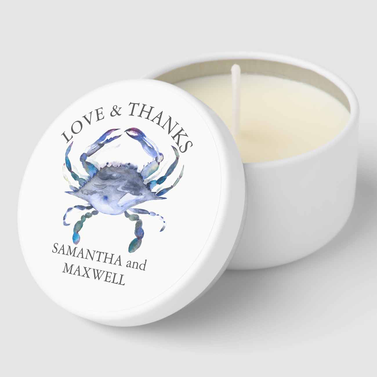 beach wedding take home gifts crab themed personalized candles. 