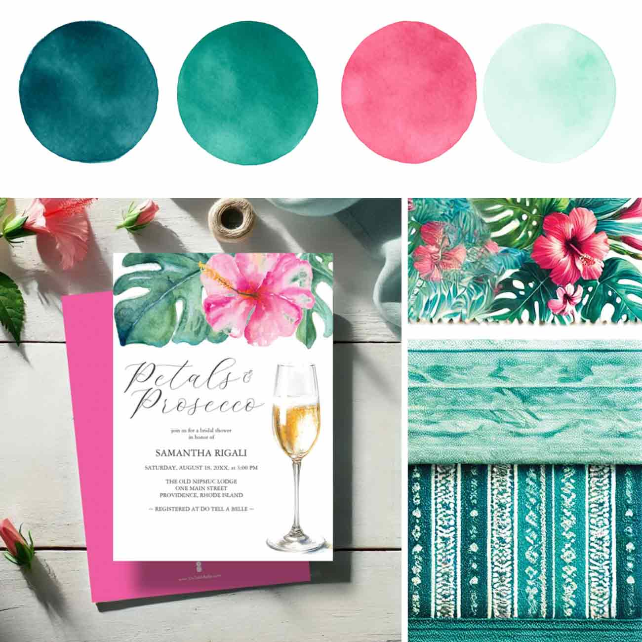 Bridal shower ideas brunch inspiration featuring a petals and Prosecco invitation, watercolor color palette, and fabric swatches in teal, pink, and mint tones—perfect for a stylish spring or summer celebration.