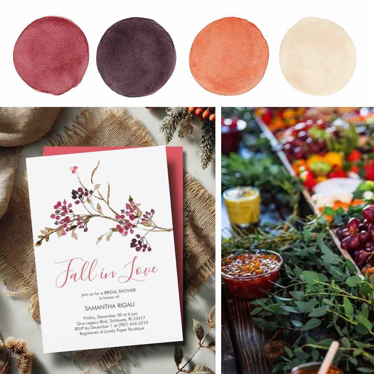 Fall bridal shower setup featuring a warm autumn color palette, ‘Fall in Love’ watercolor invitation, and a rustic charcuterie board with seasonal elements.
