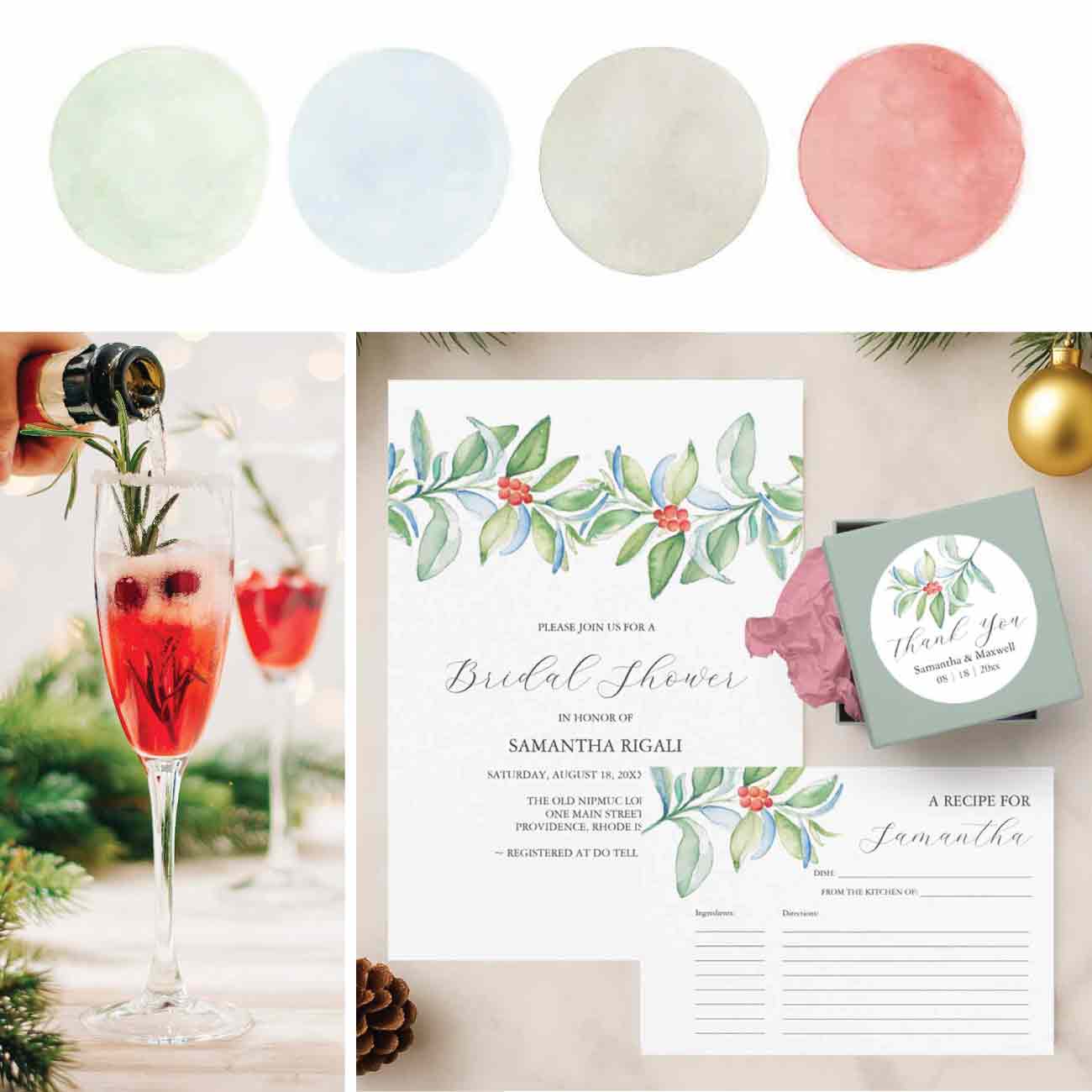Winter bridal shower flat lay featuring a festive cocktail photo, winter color palette, and watercolor invitation suite with winter greenery and berries.